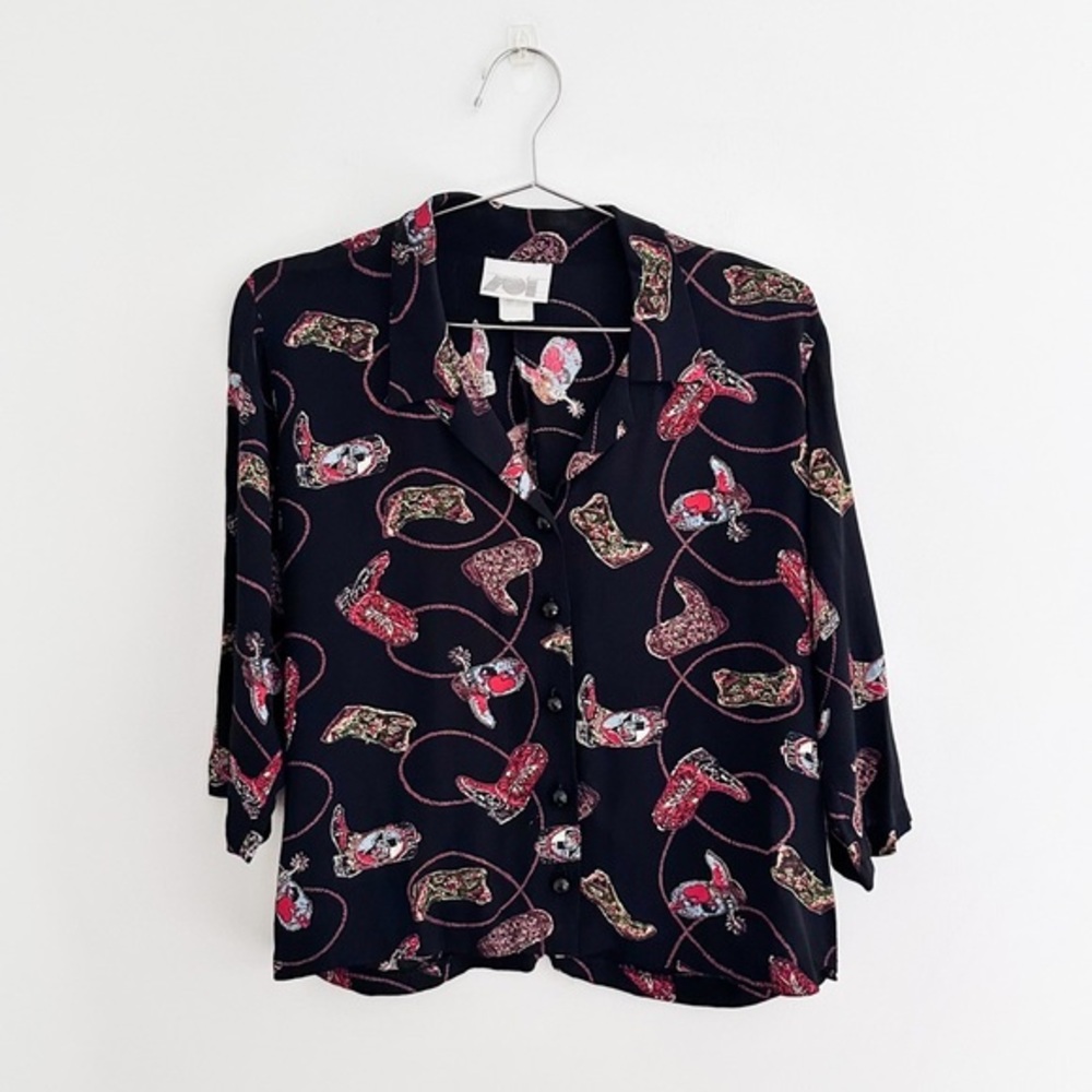 Vintage Zoe Cowboy Boot Print Button Up Boxy Top | 90s Western Rodeo Blouse